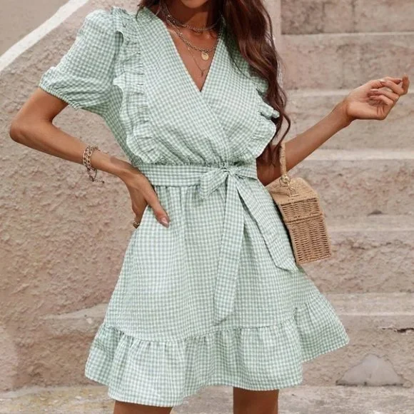 Gingham Print Puff Sleeve Belted Mini Dress Green - Picture 2 of 6